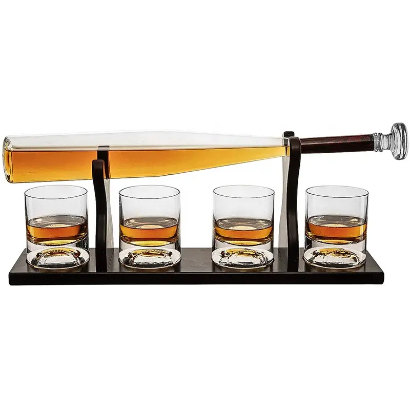 Bóng Chày Bat Whiskey Spirits Decanter Chai Và 4 Bóng Chày Whiskey Kính Với Đế Gỗ Đặt Cho Món Quà Sang Trọng