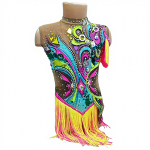Maillot de <span class=keywords><strong>Gimnasia</strong></span> <span class=keywords><strong>Rítmica</strong></span> para Niñas LIUHUO, Diseño de Espiral Neón, Dobladillo con Flecos, Adorno de Pedrería, <span class=keywords><strong>Traje</strong></span> de Actuación - Product Image 1