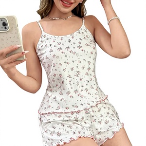 Women Floral V-neck Cami Shorts Pajama Set Breathable Cotton Jersey Fabric Drawstring Sleepwear Lounge Wear 2-Piece - Product Image 4