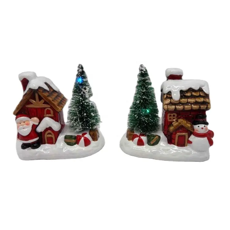 Exquisite christmas decoration ceramic santa snowman with house tree led light with porcelain base
