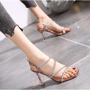 Sandalias transpirables de tacón alto para mujer, zapatos de fiesta atados con diamantes de imitación sexis a la moda, cómodos para caminar y comprar - Product Image 1