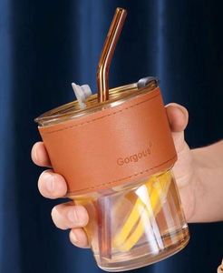 Venta al por Mayor de Tazas de Vidrio para Agua y Café de 420 ml con Tapa y Pajita, para Hogar y Oficina, para Leche, Té, Regalo, con Logotipo Personalizado en Funda de Cuero - Product Image 4