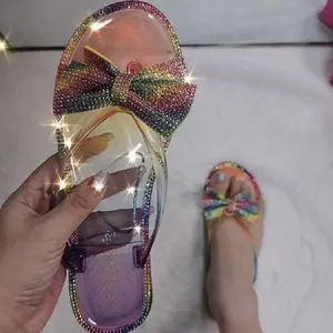 Giày Nữ Rain Jelly 2021 Bling Fancy Diamond Bow Flip Flops Dép Đi Biển Mùa Hè