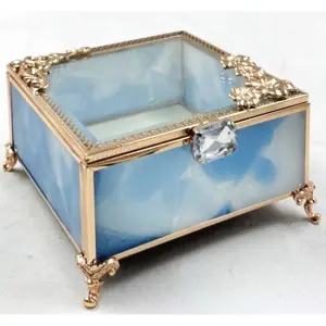 Wholesale luxury decorative trinket jewellery storage box small display Painted Glass Brass carved glass jewelry display box