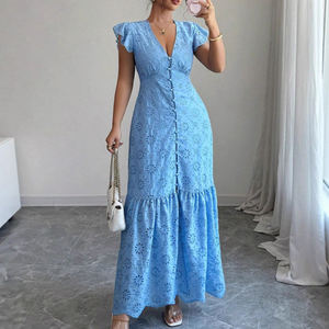 Vestido Maxi con Botones y Bordado en V Profundo, a la Moda 2026, Personalizado, 100% Algodón - Product Image 3