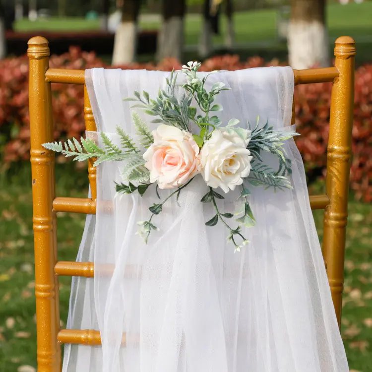 European Style Outdoor Flower Chair Sashes Wedding Chair Back Silk Artificial Flowers Party Decorations