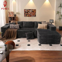 Housse de canapé sectionnelle en forme de L extensible avec éponge haute densité et housses d'oreiller en tissu de velours côtelé noir pour salon