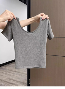 T-<span class=keywords><strong>shirt</strong></span> moulant élégant et sexy pour <span class=keywords><strong>femme</strong></span>, <span class=keywords><strong>col</strong></span> en <span class=keywords><strong>V</strong></span> profond, coupe ajustée, en coton personnalisé, à manches courtes, style crop top pour l'été - Product Image 3