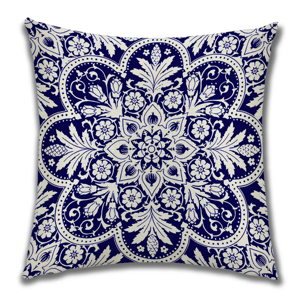 Chinoiserie Throw Pillow Cover Decorative Linen Blue and White Floral Cushion Case Pillowcase for Sofa Couch Bed Living Room