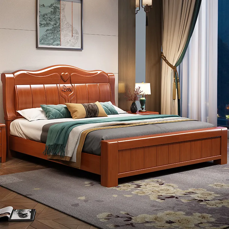 New Chinese style rubber wood solid wood bed modern minimalist double bed bedroom furniture king bed