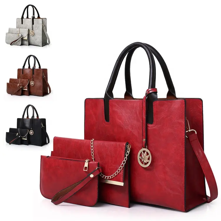 Ladies handbags pu leather women handbags set messenger design tote bags for women fashion ladys bags for women with metal ring