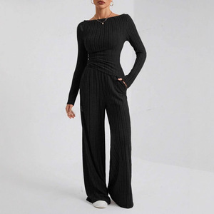 Ensemble de chandail en tricot pour femmes, manches longues, couleur unie, pantalon large côtelé, tenue décontractée en deux pièces, tailles SMLXLXXL, style Europe Amérique - Product Image 3