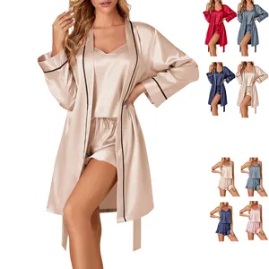 Wholesale Luxury Silk Satin Sleepwear 3pcs Shorts Modal Cami Top Bridal Bathrobe Party Robe Bath Luxury Pajamas Set For Women