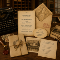 Invitation de mariage vintage avec timbre poste, style machine à écrire, carte personnalisée de voyage, et décoration artisanale