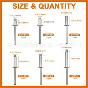 Aluminum Rivets Assortment Kit 3/16 In Diameter 100 Pieces Blind Rivets For Metal Repair And Assembly - Product Image 3
