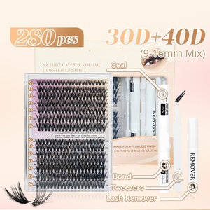 Kit de <span class=keywords><strong>cils</strong></span> <span class=keywords><strong>individuels</strong></span> en grappe DIY avec logo personnalisé, 30D 40D 9-16mm, 14 rangées, 280 pièces, vente en gros, avec pince à épiler et colle - Product Image 1