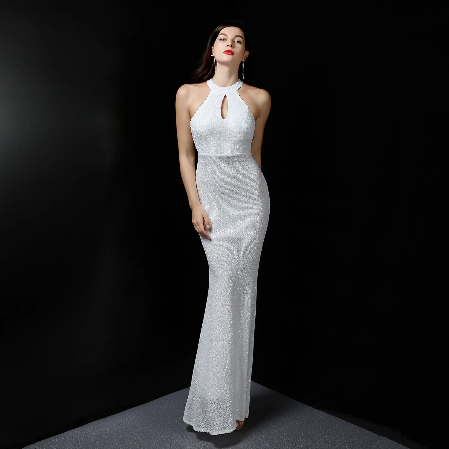 2023 Luxury Off Shoulder Halter Evening Sequin Women Lady Elegant Custom White Casual Shiny Bead Chic Fashion Party Long Dress