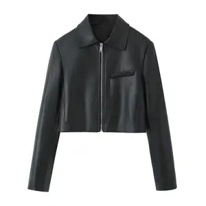 Fashion street lapel imitation leather short long sleeve leather jacket