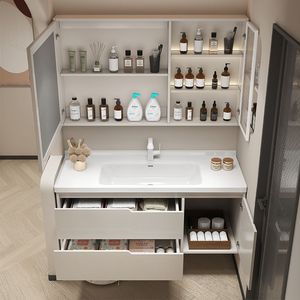 Meuble de salle de bain en chêne avec lavabo intégré en céramique, simple et intelligent - Product Image 3