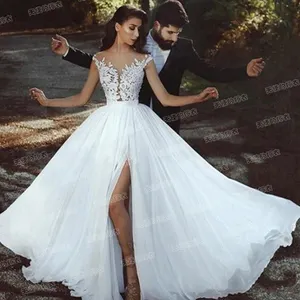 Bán sỉ bridal gowns 500-Bán Buôn Chất Lượng Cao Nhìn Xuyên Qua Chia V-cổ Sexy Nữ Mùa Hè Bridal Bãi Biển Váy Cưới