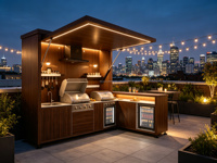 Îlot de cuisine extérieur modulaire en acier inoxydable sur mesure avec barbecue, évier, réfrigérateur et hotte aspirante pour patio et cuisine extérieure
