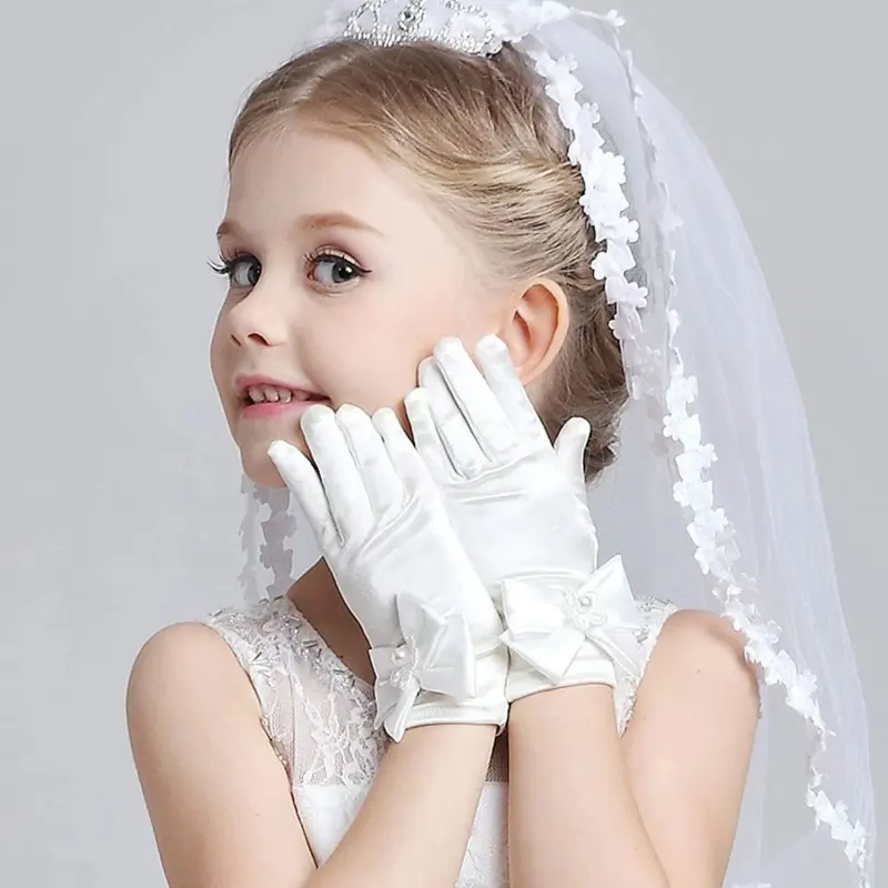 Cô gái HZS-23001 Bowknot găng tay trẻ em ăn mặc hoa cô gái satin găng tay cưới cô gái hiệu suất khiêu vũ cô dâu Găng tay ngắn