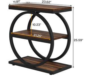 Mesa Auxiliar Moderna de Madera Maciza con Base de Pedestal, 3 Estantes de Almacenamiento, Diseño Estrecho, Marco de Metal Negro, Ecológica, para Sala de Estar o Dormitorio - Product Image 5