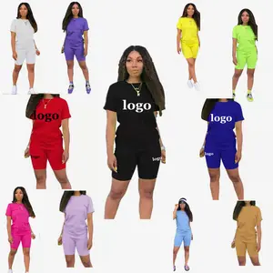 사용자 정의 로고 도매 작은 MOQ 여름 의류 티셔츠 반바지 2 조각 레저 여성 두 조각 정장 단색 여러 가지 빛깔의
