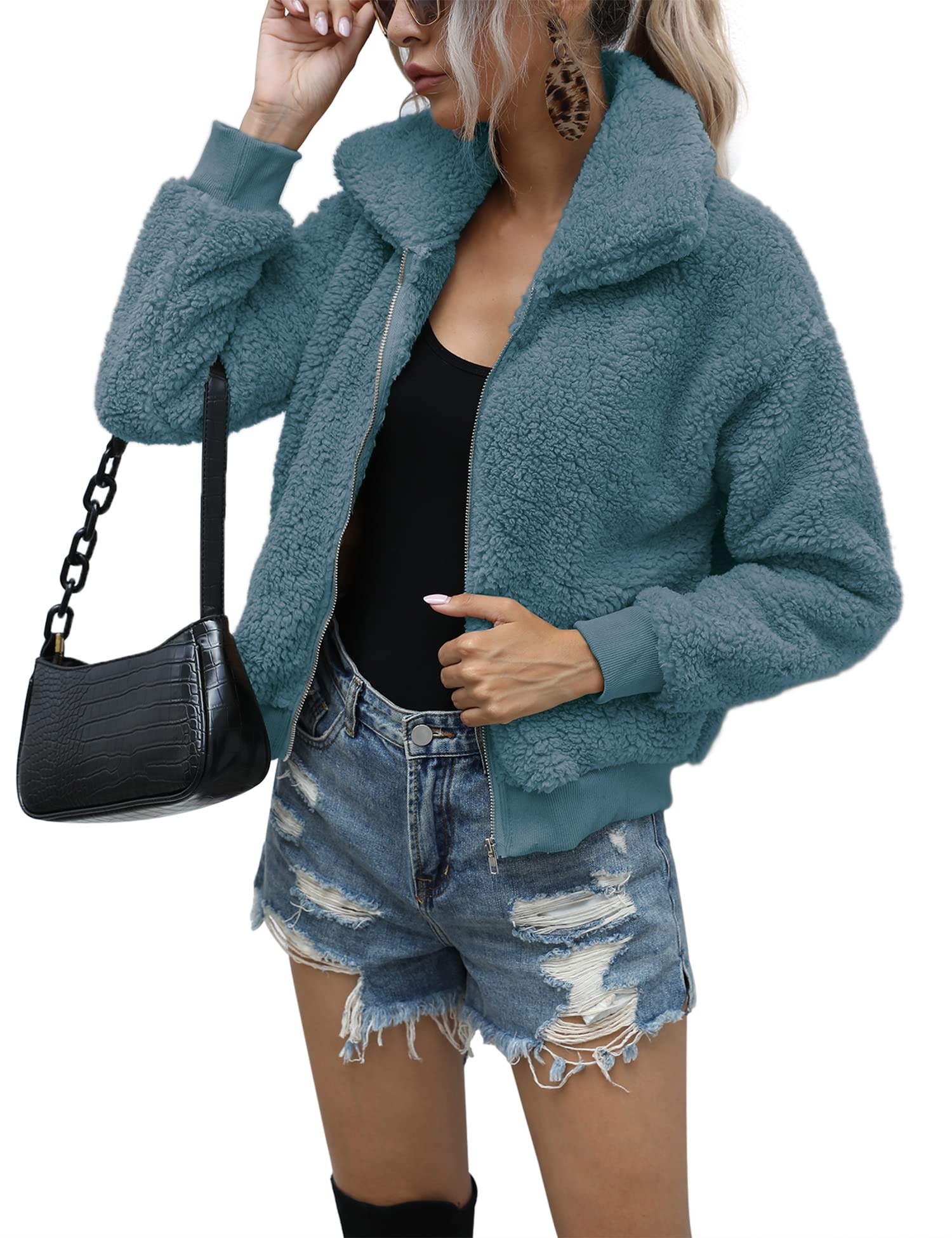 Women's Short Faux Fur Coat Casual Shaggy Jacket with Pockets Warm