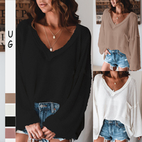 Nouveau couleur unie Sexy col en v profond à manches longues pull découpé décontracté ample grande taille femmes pull pull vêtements