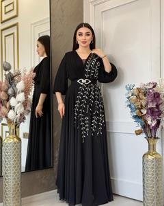 女性阿巴亚斯伊斯兰时尚实心钻石穆斯林女装长袖束带开斋节连衣裙摩洛哥卡夫坦女装 - Product Image 6