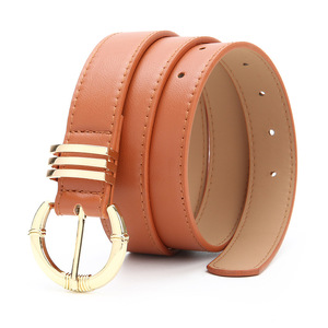 Ceinture en cuir de vache véritable pour femme, couleur camel, style vintage, boucle en alliage en forme de D, largeur 2,8 cm, durable, pour un usage quotidien - Product Image 1