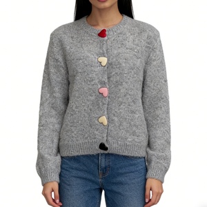 เสื้อคาร์ดิแกนถักขนฟูติดกระดุมรูปหัวใจสำหรับผู้หญิง - เสื้อสเวตเตอร์คอกลมแขนยาวทรงหลวมแฟชั่น - Product Image 1
