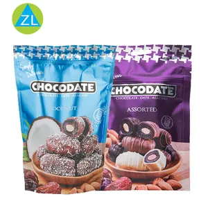 Saco de lanche reutilizável multifuncional de plástico com logotipo para crianças, saco de metal com três lados e vedação, transparente e colorido, para crianças, chocolate