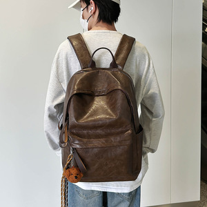 Unisex Leather <b>Backpack</b> 14 In Solid Color Stitching Design For College Students Leisure Travel Fall 2024 - Product Image 1
