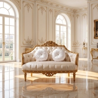 Canapé sectionnel capitonné beige de style victorien français, brodé, de luxe, antique, Chesterfield, avec finition dorée, style palais