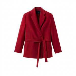 Blazer rouge pour femme à col cranté, manches longues, couleur unie, en laine et polyester tissé, infroissable, longueur standard, bouton unique - Product Image 1