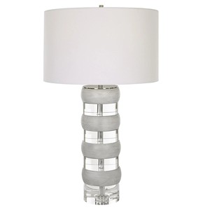Gray Wood & Clear Crystal Stacked Modern Table Lamp | Sleek Contemporary Lighting for Hotel Guest Room & Living Area - Product Image 1