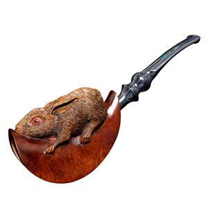 Muxiang Wooden Tobacco Pipe Carved Rabbit Moon Design Bent Shape Solid Briar Wood Handmade Smoking Pipe For Men - Product Image 5