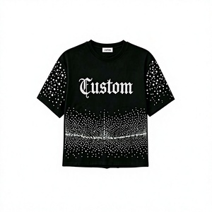 T-shirt noir oversize personnalisé avec strass, style gothique streetwear, motif graphique bling, vente en gros, T-shirts graphiques Y2K, tissu épais - Product Image 5