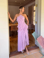 Nouvelle robe longue plissée en mousseline de soie à col halter, taille élastique, coupe ajustée, ourlet irrégulier