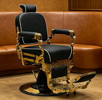 Fauteuil de Barbier Luxe Doré à Cadre Creux Sculpté, en Cuir, Hydraulique, Inclinable, avec Repose-Pieds Réglable pour Salon de Coiffure