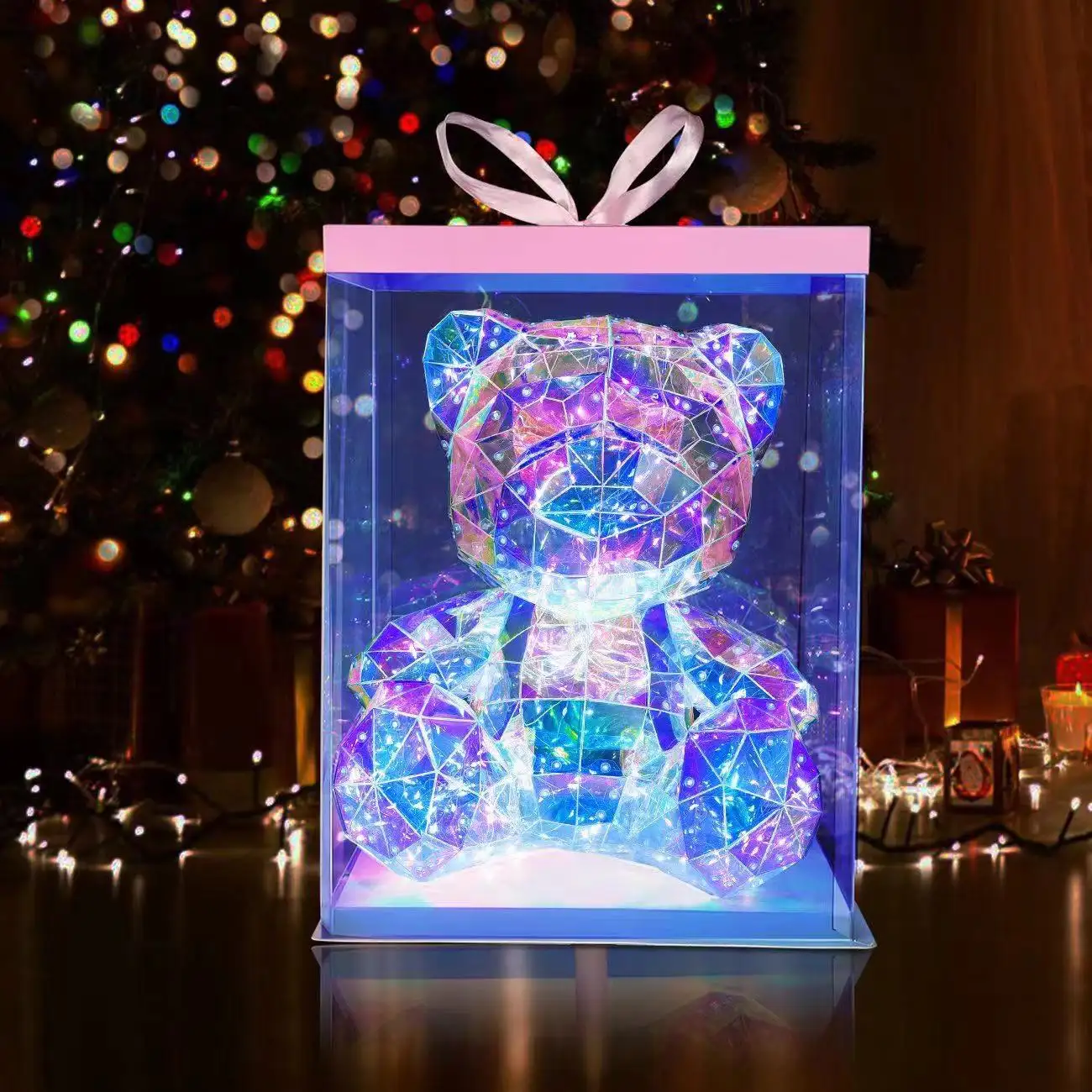 2024 Teddybär LED-Lichttischlampe buntes PET-Holographie-Film Geburtstagsfeier-Dekoration 30 Zoll Geburtstagsgeschenk