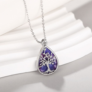 Collana con ciondolo albero della vita in cristallo viola, argento 925, a forma di goccia d'acqua, gioielli romantici da donna per l'uso quotidiano - Product Image 1