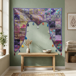 Toran patchwork fait main, brodé, multicolore violet, avec pompons, pour porte, fenêtre ou comme rideau décoratif, Printemps 1 - Product Image 3