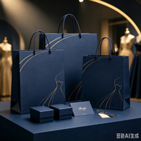 Sacs en papier kraft personnalisés avec logo, directement de l'usine, sacs d'emballage pour vêtements, sacs de courses, bleu foncé classique et luxueux
