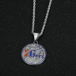 Colliers pendentifs pour hommes en acier inoxydable, étanches et inaltérables, style Hip Hop, avec zircone cubique (CZ) et motif basketball des Philadelphia 76ers - Product Image 3