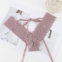 Culotte string taille basse unie pour jeunes femmes, transparente, en dentelle, avec entrejambe en coton, en nylon et élasthanne, brodée, pour l'exportation