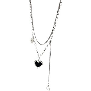 S925 Sterling Silver <b>Heart</b> Necklace <b>Black</b> Mosaic Design For Women Sweater Chain Gift Jewelry - Product Image 5