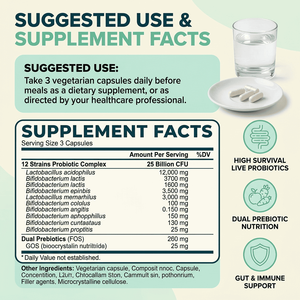Cápsulas Probióticas Multicepas, Complejo para el Equilibrio Intestinal, 12 Cepas, 25 Mil Millones de UFC con Prebióticos FOS GOS, Cápsula Dietética Vegetariana - Product Image 3